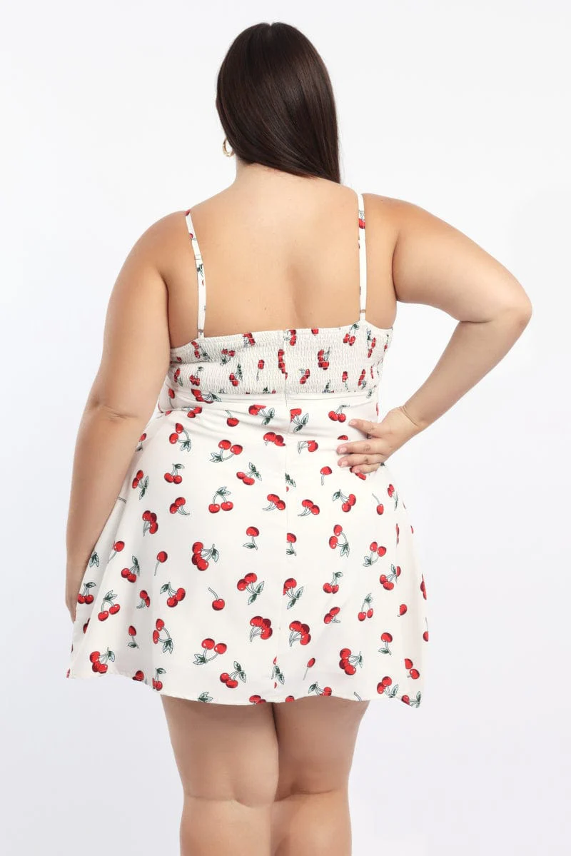 White Print Ribbon Trim Cherry Print Cami Slip Dress - Image 4