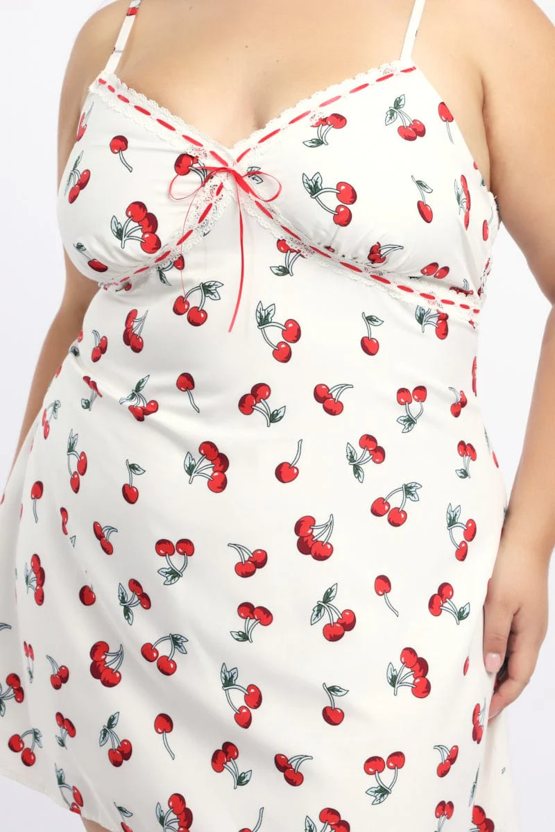 White Print Ribbon Trim Cherry Print Cami Slip Dress - Image 5