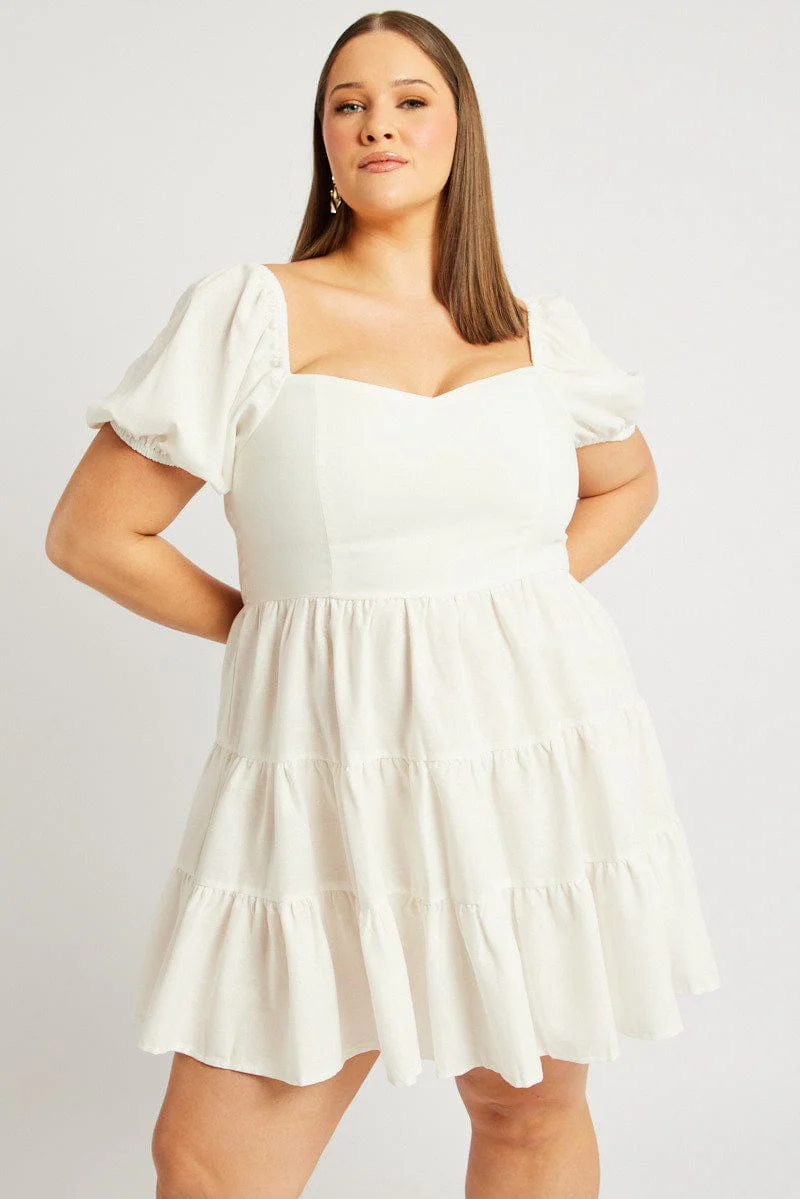 White Puff Sleeve Mini Dress Sweetheart Neck - Image 2