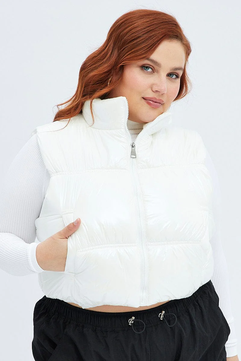White Puffer Vest Sleeveless Shiny Crop - Image 3