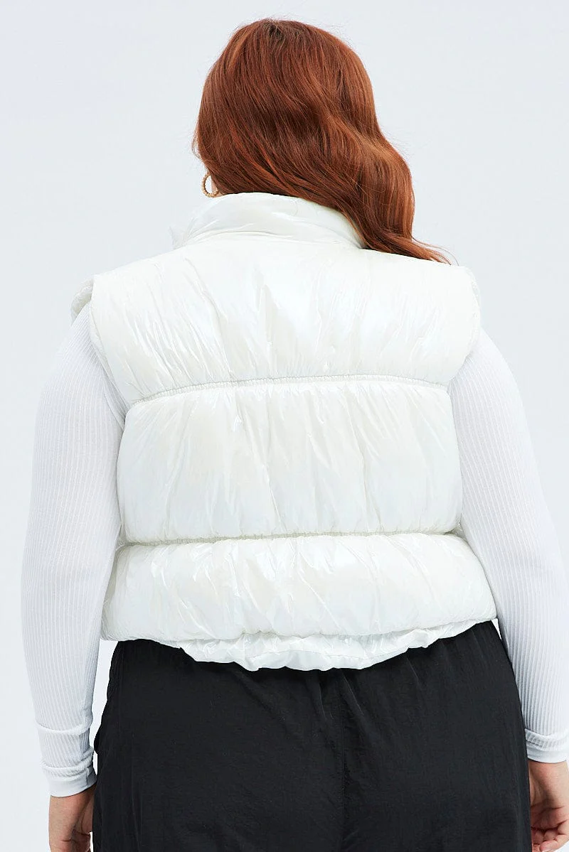 White Puffer Vest Sleeveless Shiny Crop - Image 5