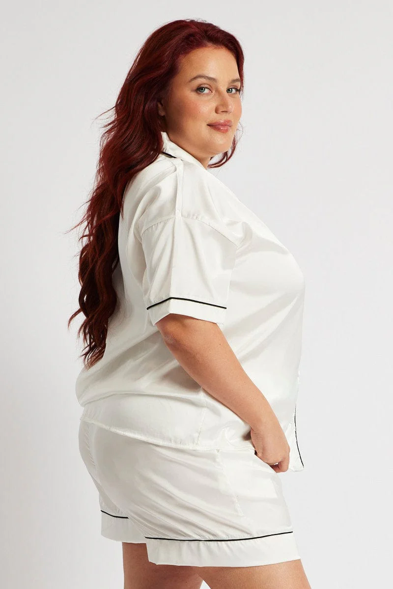 White Pyjama Set Satin Contrast Piping Pj - Image 4