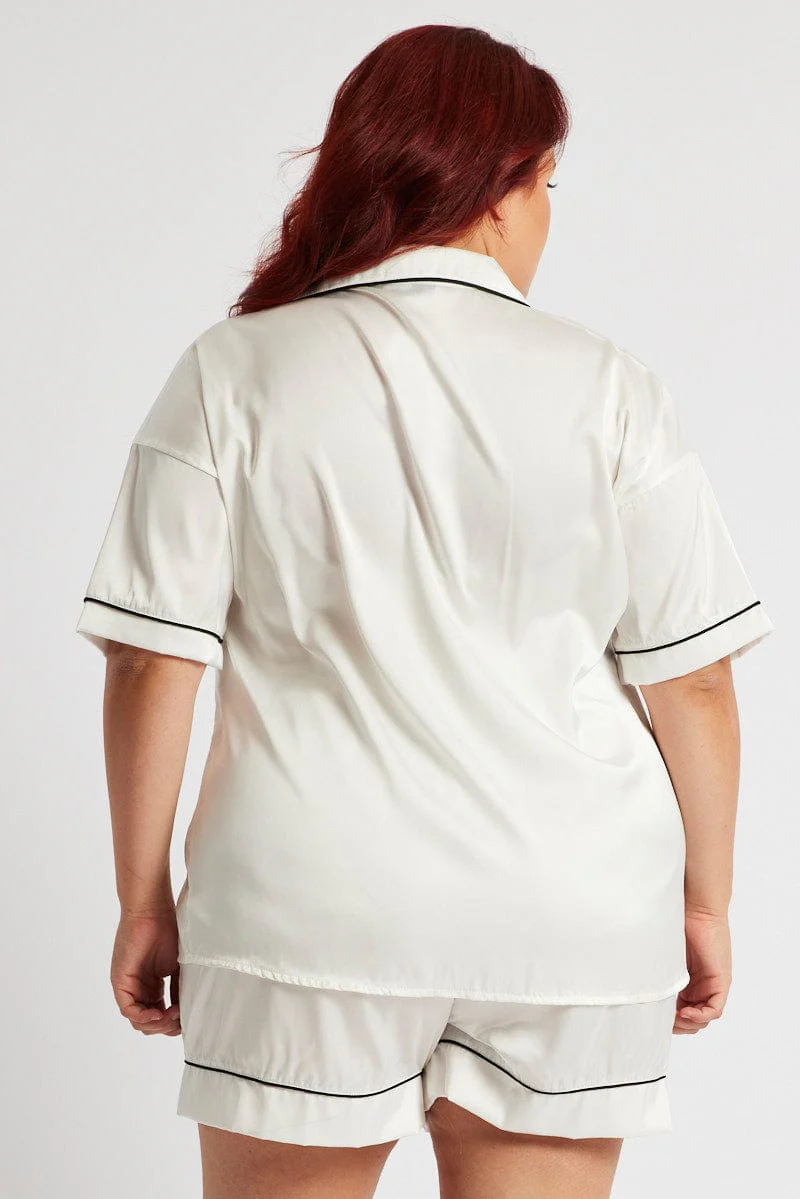 White Pyjama Set Satin Contrast Piping Pj - Image 5