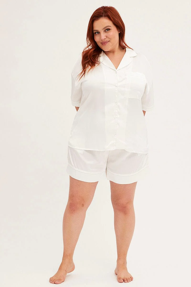 White Pyjamas Set Short Sleeve Collared Shorts Satin - Image 2