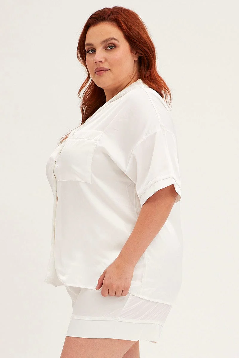 White Pyjamas Set Short Sleeve Collared Shorts Satin - Image 4