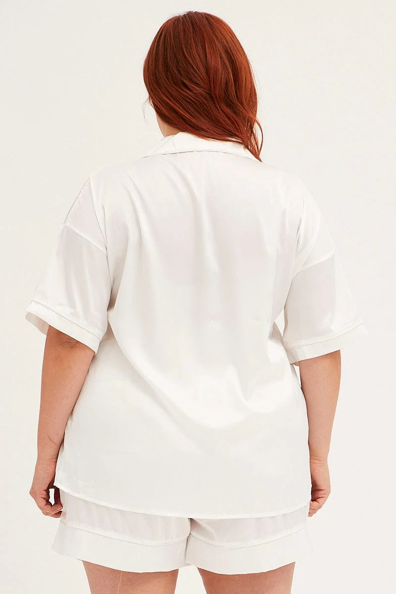 White Pyjamas Set Short Sleeve Collared Shorts Satin - Image 5