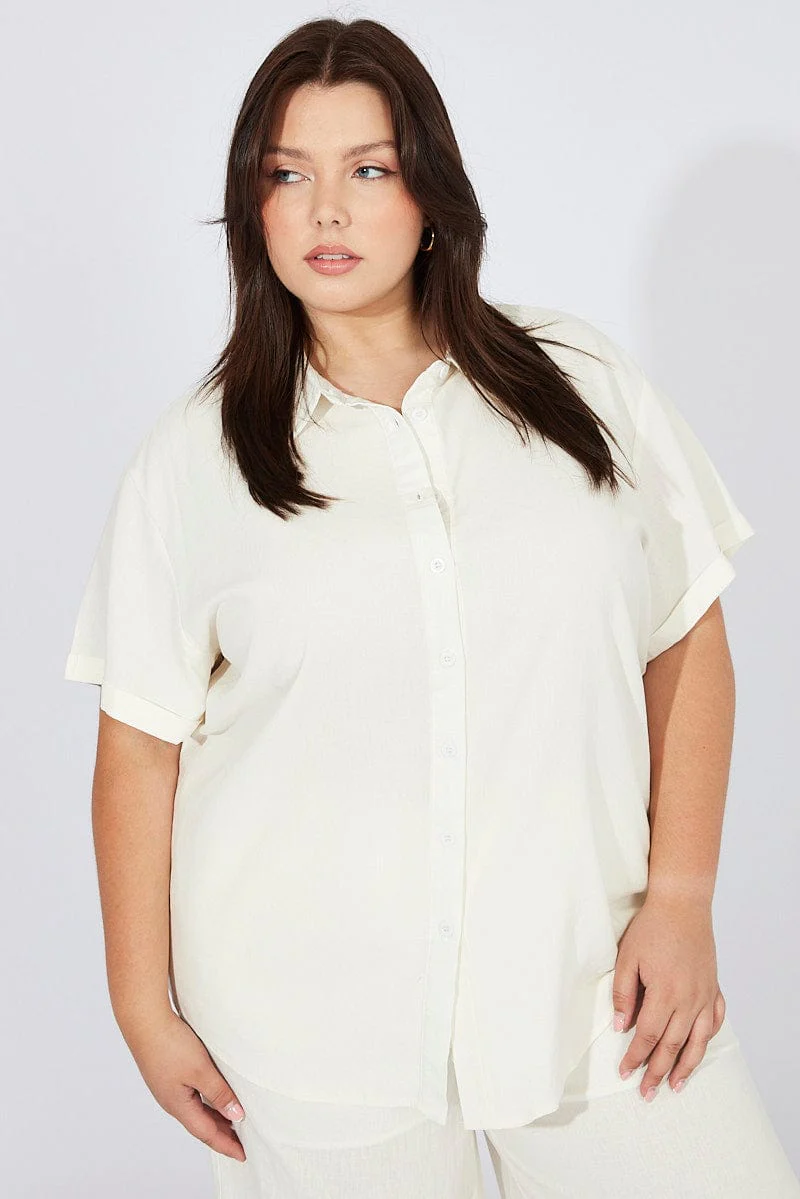 White Relaxed Shirt Short Sleeve Linen Viscose - Image 3