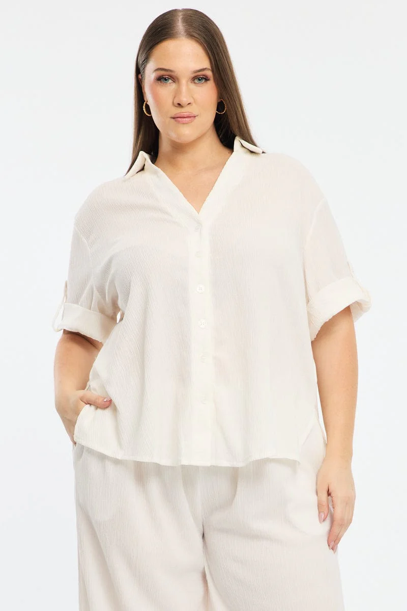 White Relaxed Shirt Short Sleeve Textured
