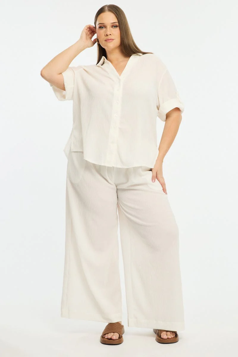 White Relaxed Shirt Short Sleeve Textured - Image 2