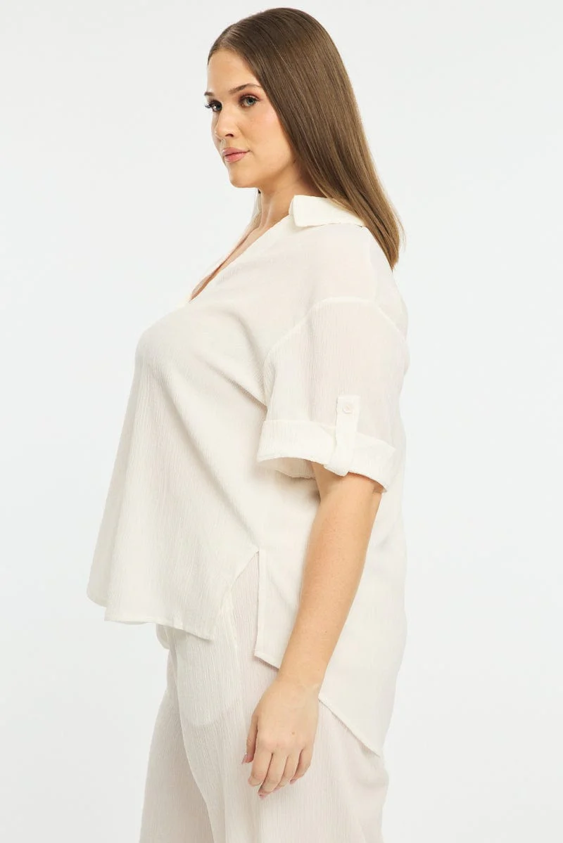 White Relaxed Shirt Short Sleeve Textured - Image 3