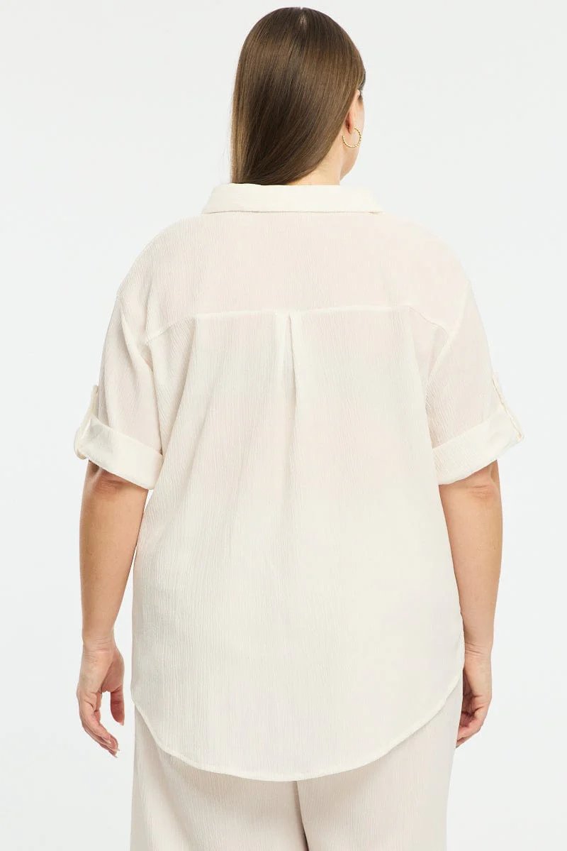 White Relaxed Shirt Short Sleeve Textured - Image 4