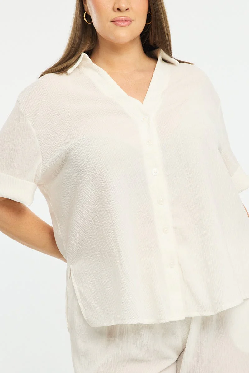 White Relaxed Shirt Short Sleeve Textured - Image 5