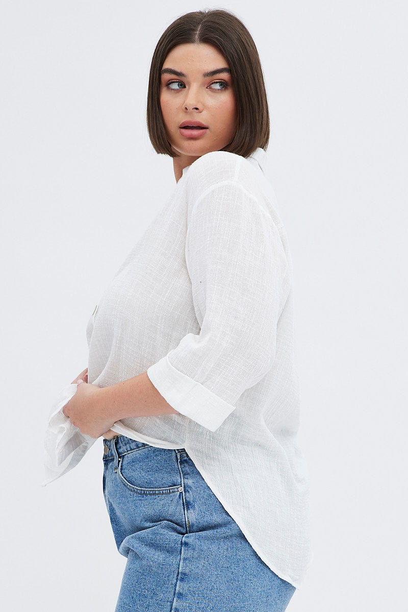 White Relaxed Shirt Three Quater Sleeve V-neck - Image 3