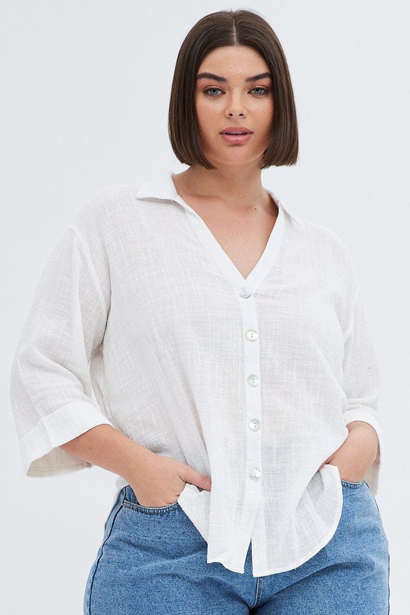 White Relaxed Shirt Three Quater Sleeve V-neck - Image 6