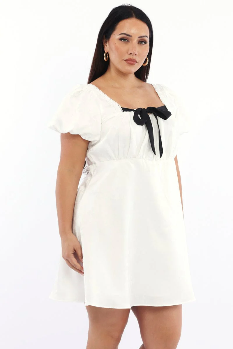 White Ruched Bust Mini Dress Puff Sleeve Ribbon Detail - Image 4