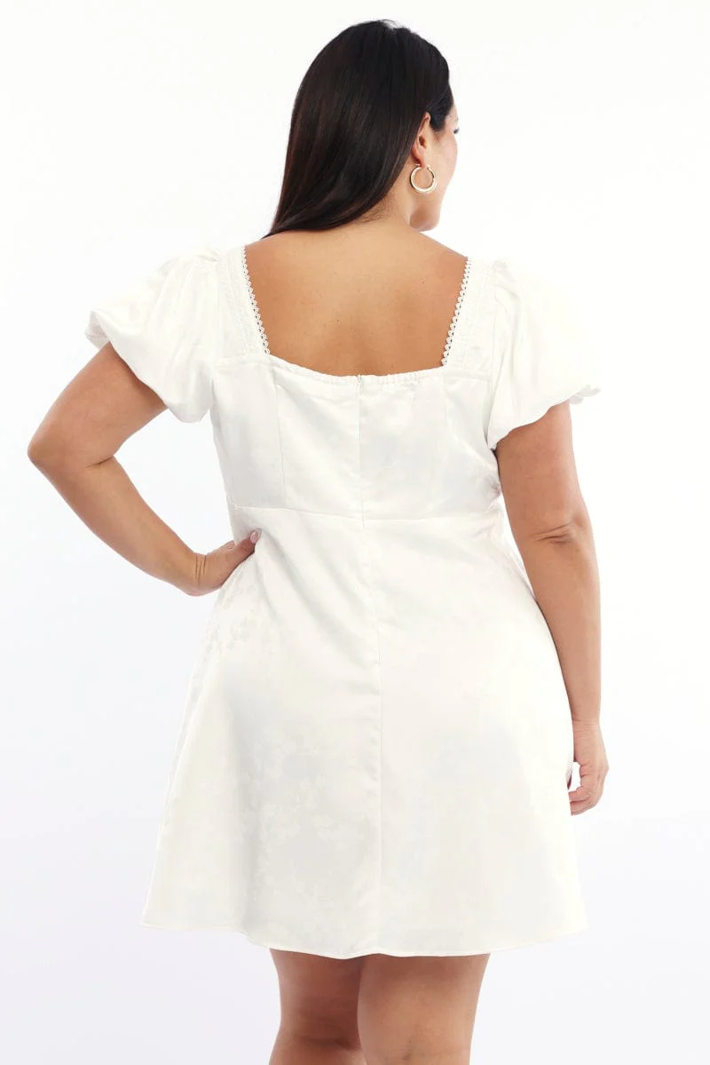 White Ruched Bust Mini Dress Puff Sleeve Ribbon Detail - Image 5