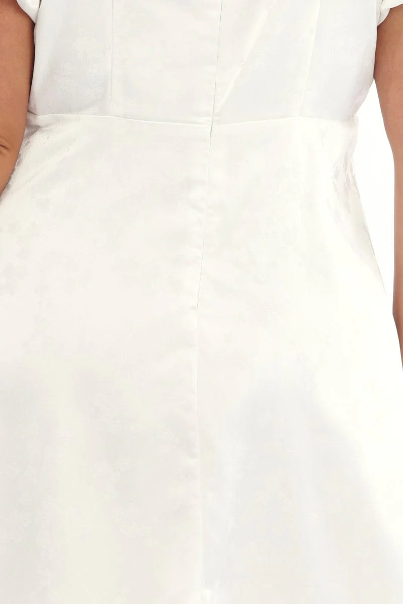 White Ruched Bust Mini Dress Puff Sleeve Ribbon Detail - Image 6