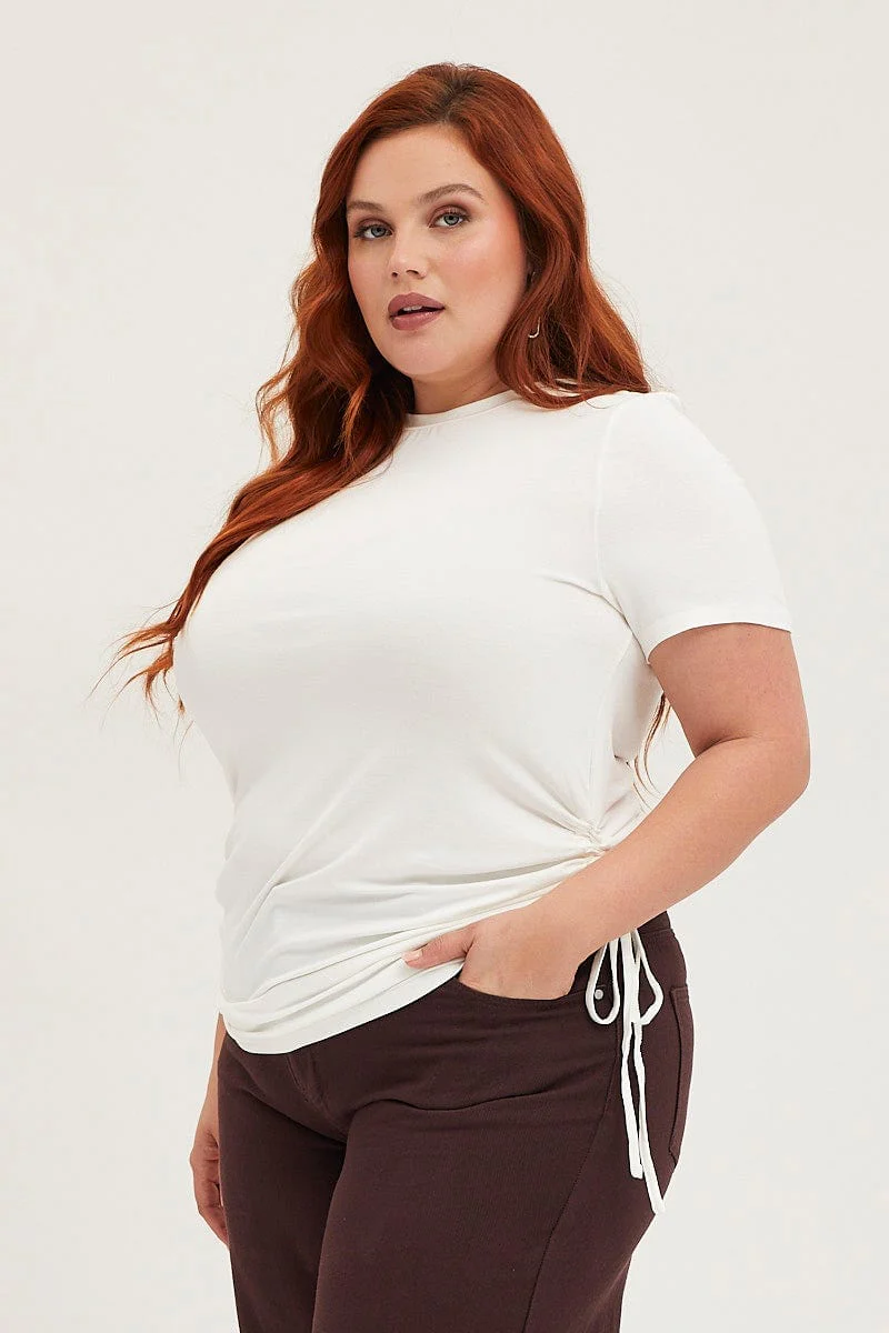 White Ruched T-shirt Crew Neck Short Sleeve Side - Image 4