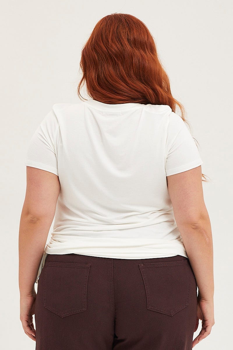 White Ruched T-shirt Crew Neck Short Sleeve Side - Image 5