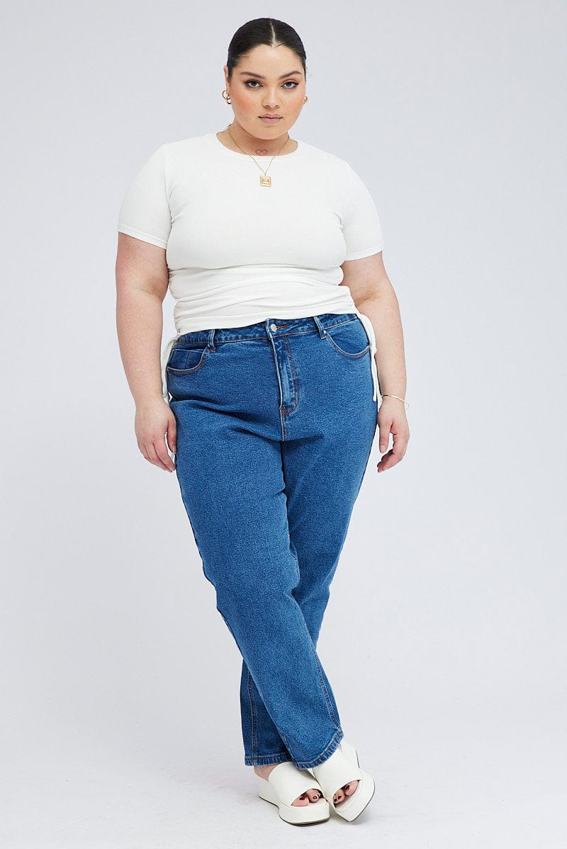White Ruched Top Short Sleeve Crew Neck - Image 2