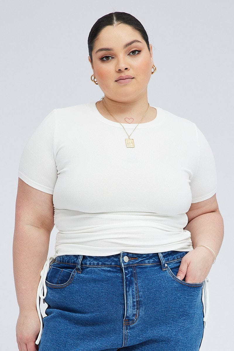 White Ruched Top Short Sleeve Crew Neck - Image 3