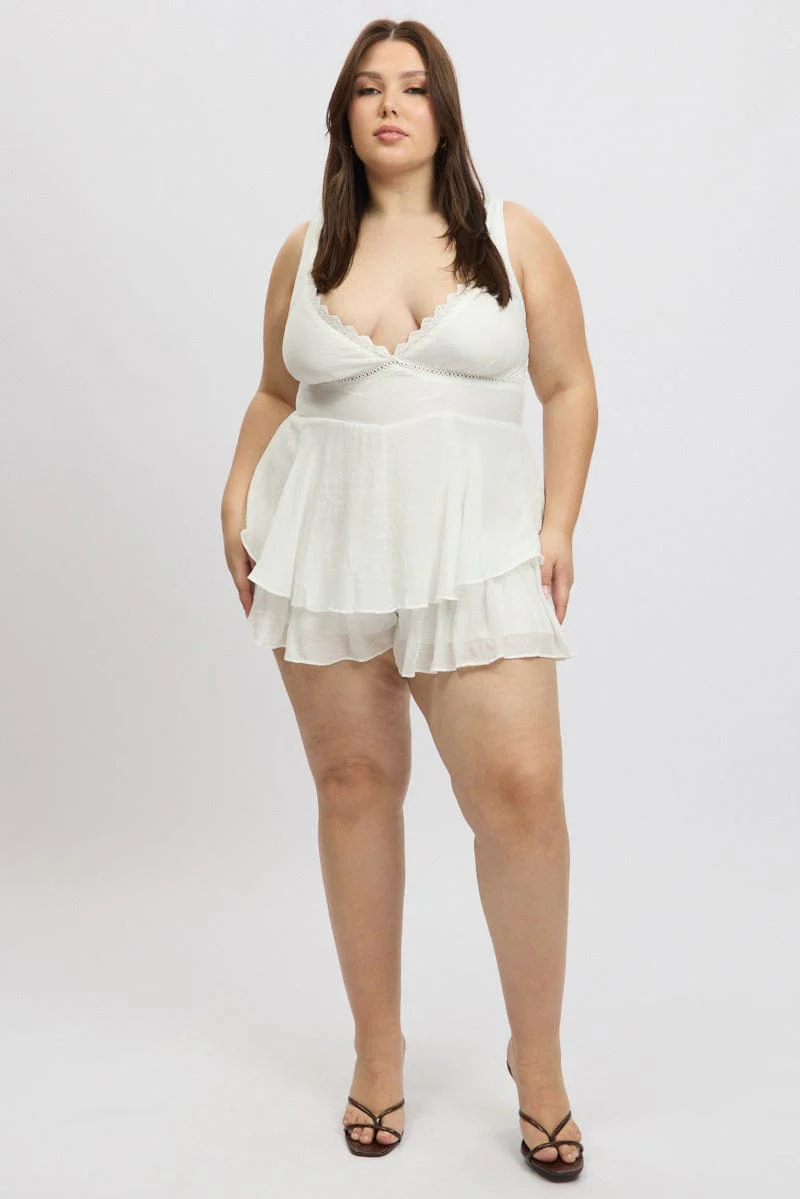 White Ruffle Playsuit Sleeveless Textured - Image 2