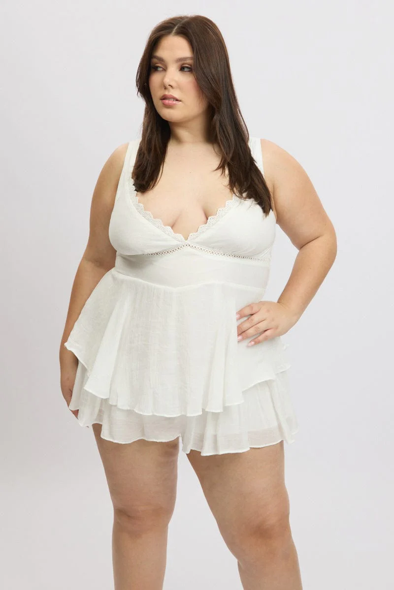 White Ruffle Playsuit Sleeveless Textured - Image 3