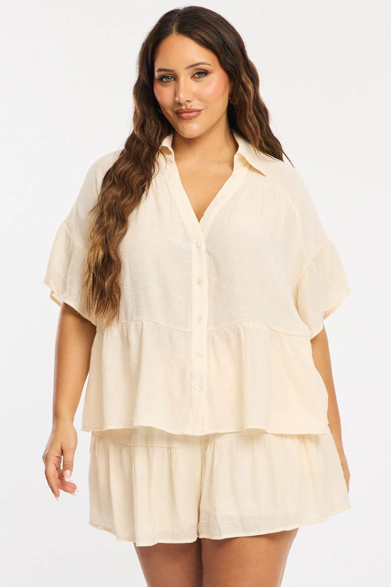 White Ruffle Shirt Short Sleeve