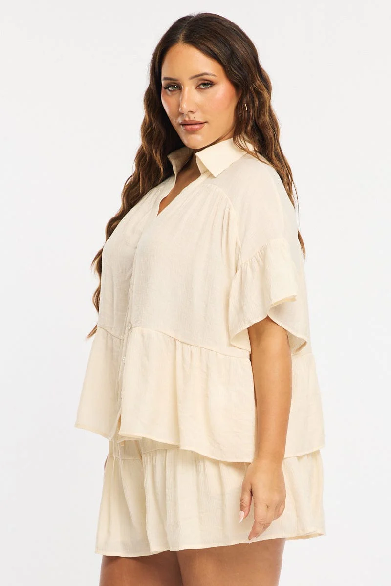 White Ruffle Shirt Short Sleeve - Image 3