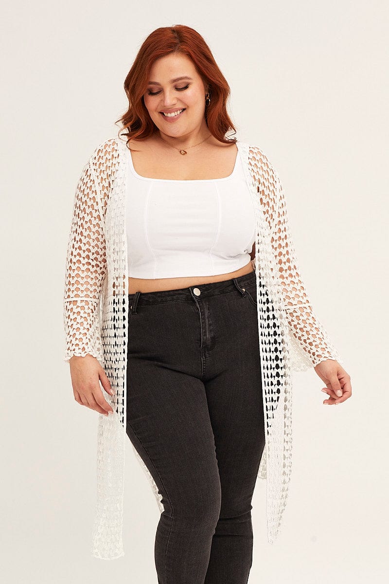 White Ruffle Sleeve Open Front Crochet Cardigan - Image 2