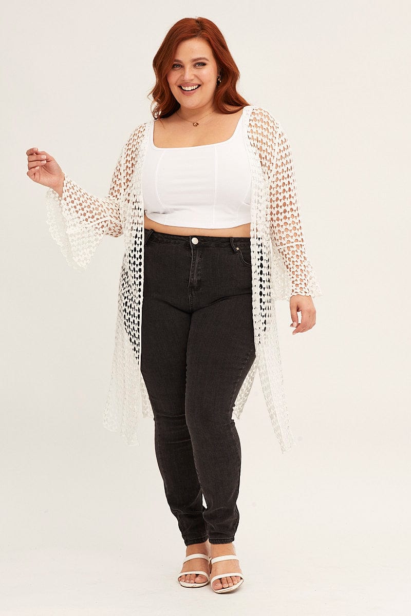 White Ruffle Sleeve Open Front Crochet Cardigan - Image 3