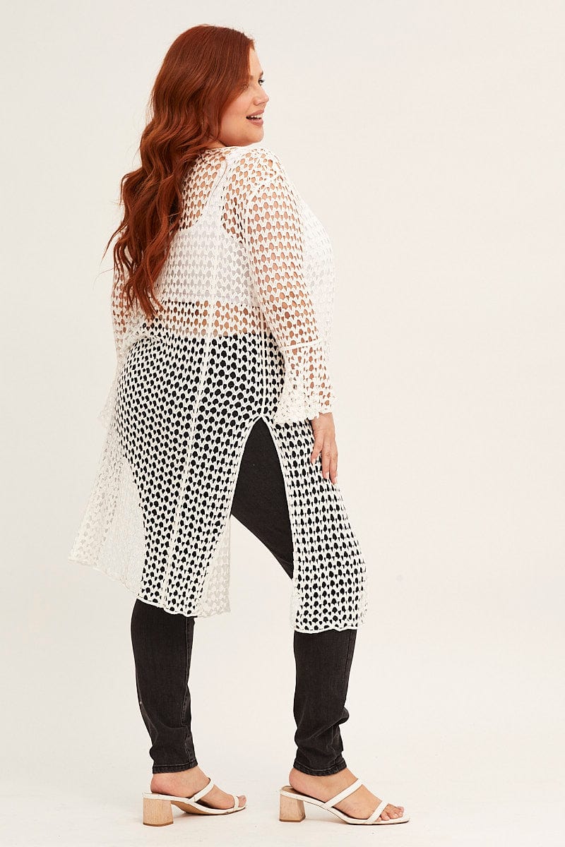 White Ruffle Sleeve Open Front Crochet Cardigan - Image 4