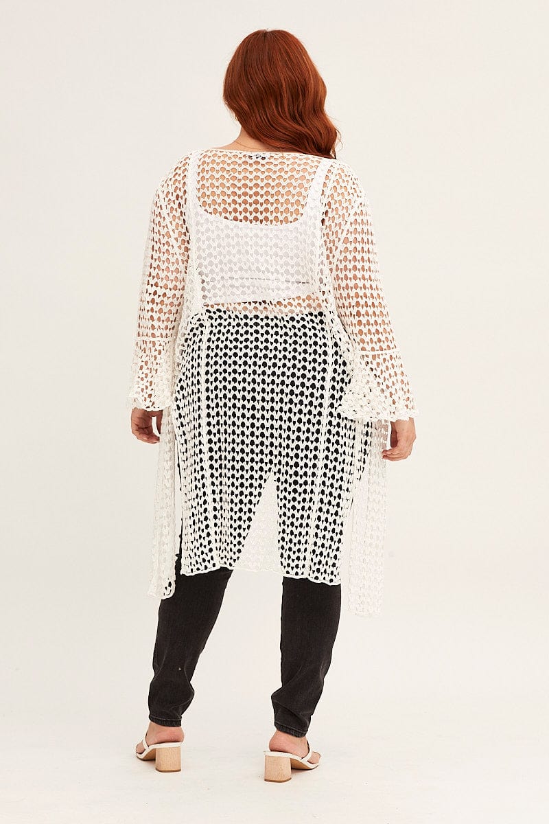 White Ruffle Sleeve Open Front Crochet Cardigan - Image 5