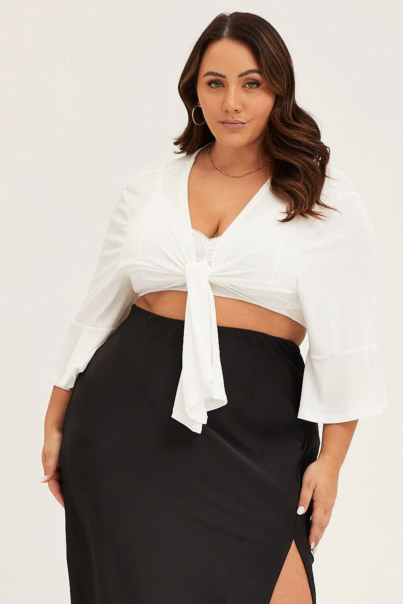 White Ruffle Sleeve Tie Up Crop Cardigan - Image 3