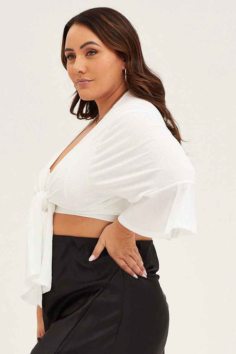 White Ruffle Sleeve Tie Up Crop Cardigan - Image 4