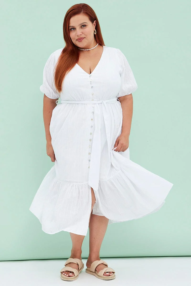 White Short Sleeve Textured Button Midi Dress - Image 2