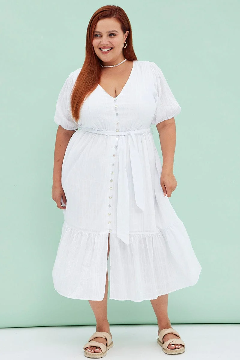 White Short Sleeve Textured Button Midi Dress - Image 3