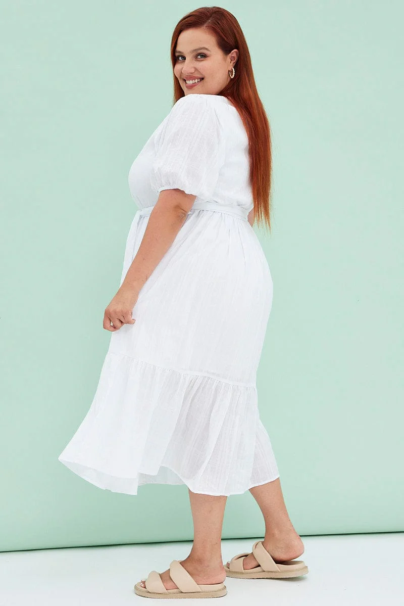White Short Sleeve Textured Button Midi Dress - Image 4