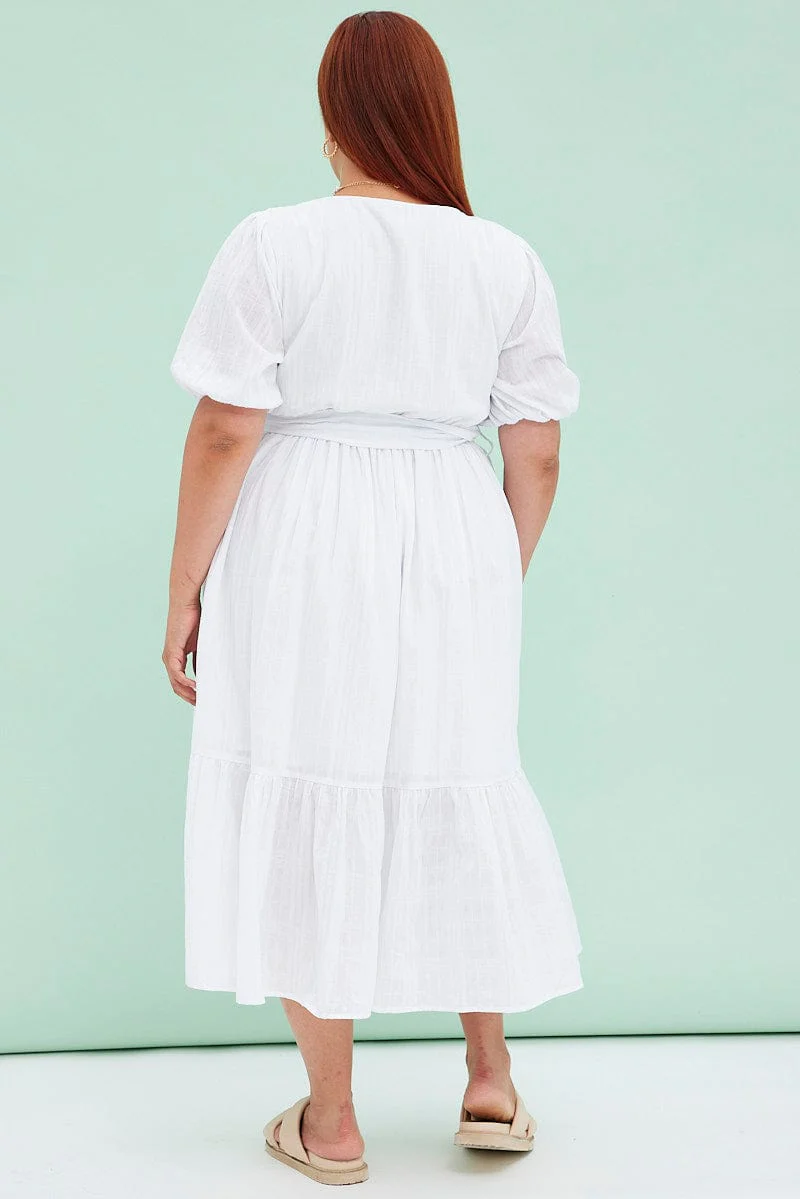 White Short Sleeve Textured Button Midi Dress - Image 5