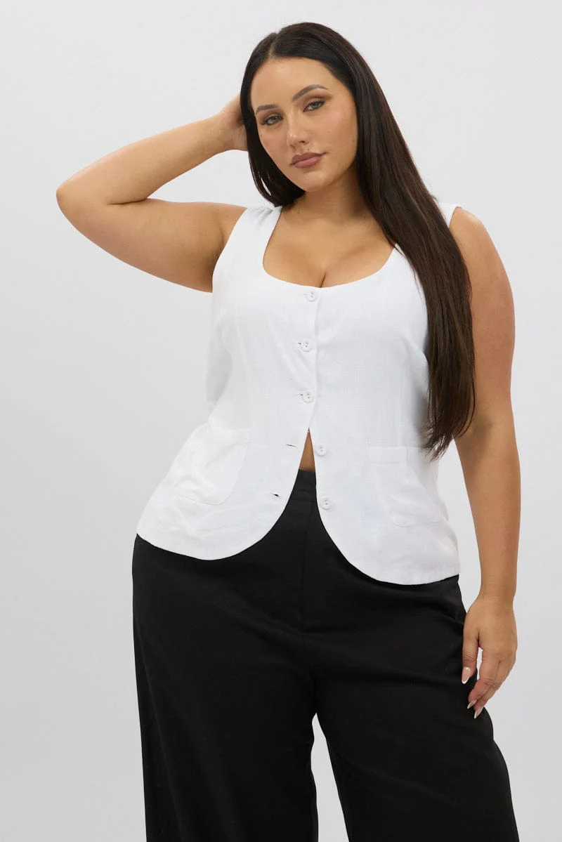 White Scoop Neck Linen Blend Tie Back Vest - Image 2