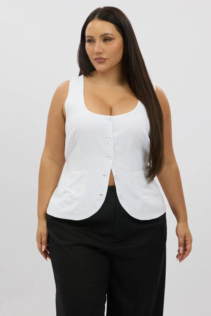 White Scoop Neck Linen Blend Tie Back Vest - Image 4