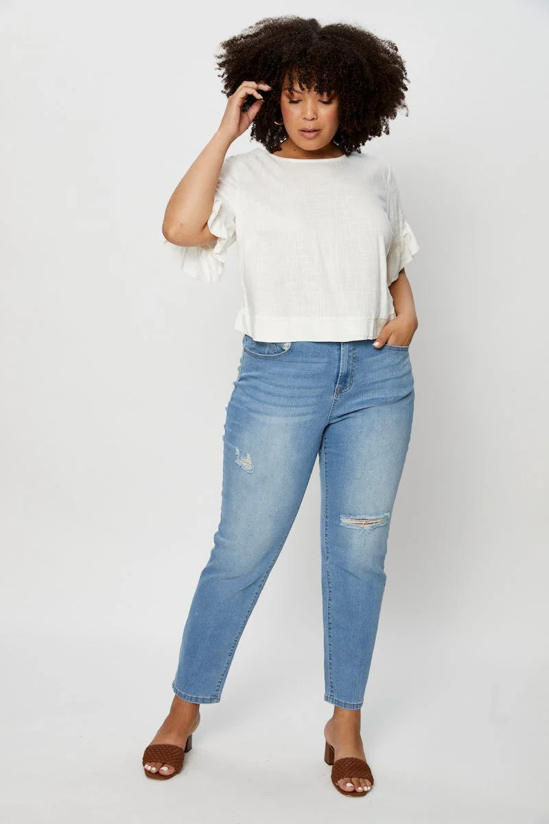 White Shell Top Short Sleeve Linen Blend Frill - Image 2