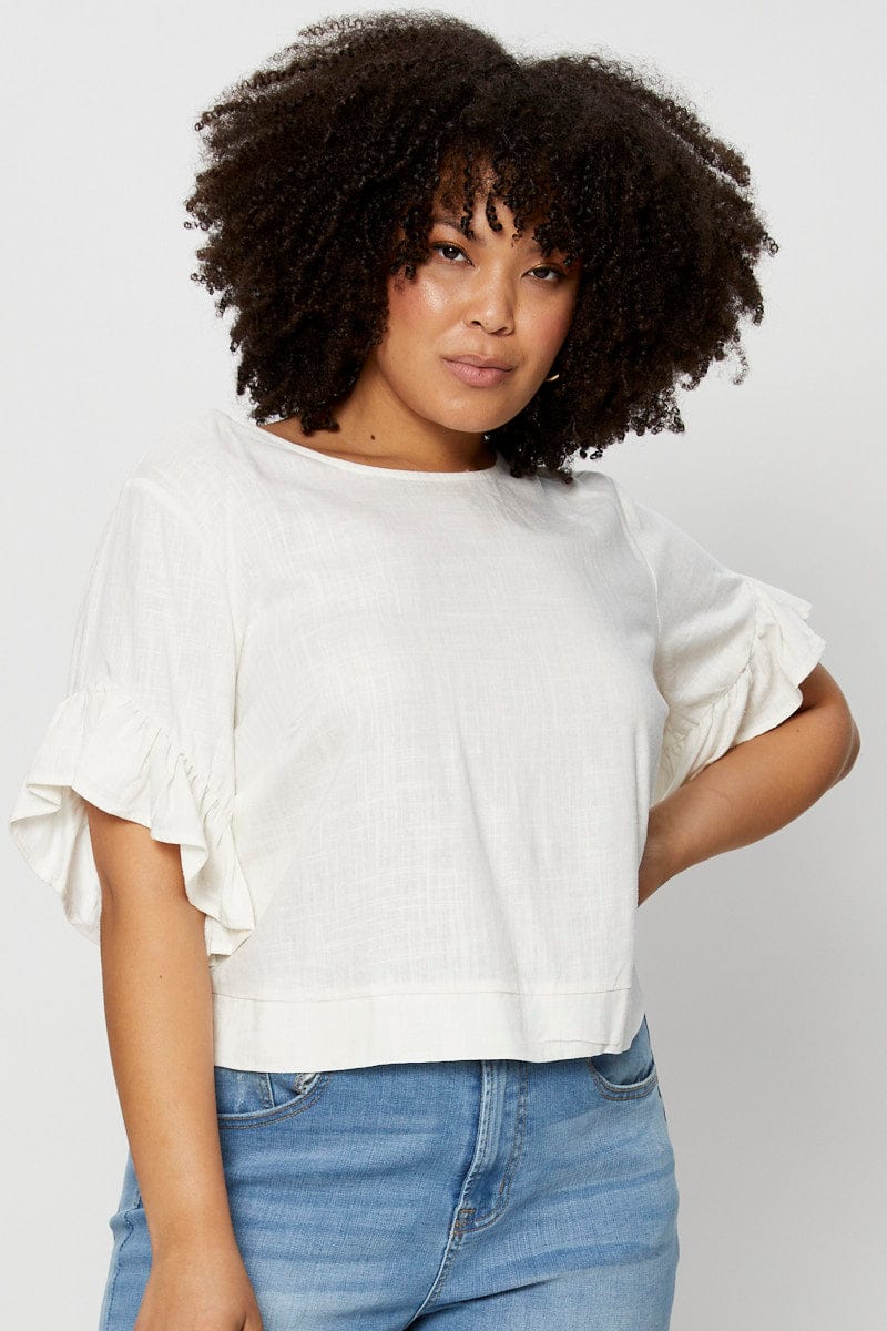 White Shell Top Short Sleeve Linen Blend Frill - Image 3