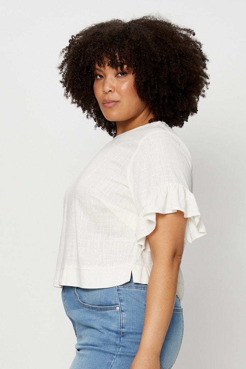 White Shell Top Short Sleeve Linen Blend Frill - Image 4