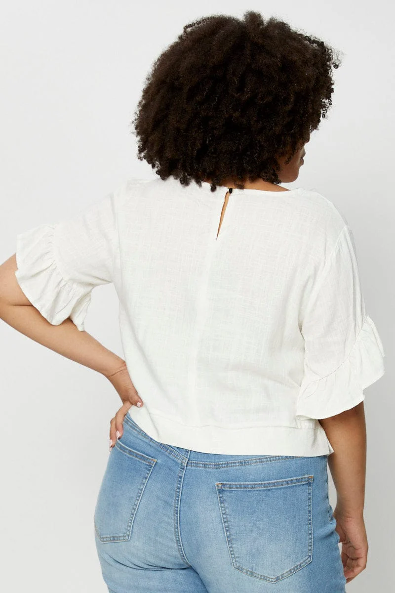 White Shell Top Short Sleeve Linen Blend Frill - Image 5