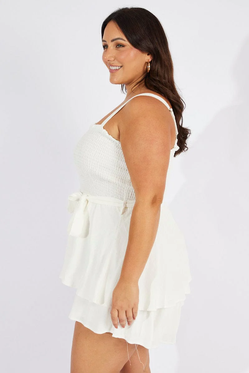 White Shirred Bodice Playsuit Frill Shorts Tie Waist - Image 4