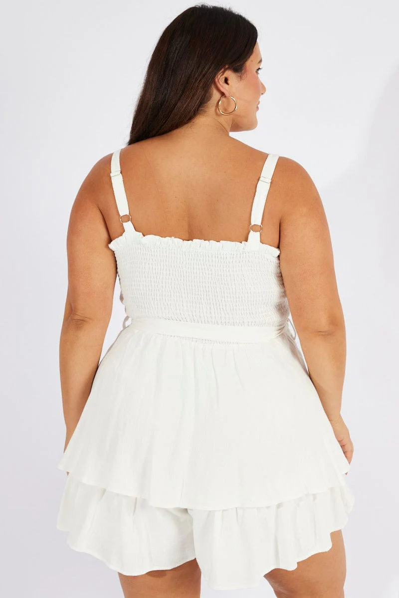 White Shirred Bodice Playsuit Frill Shorts Tie Waist - Image 5
