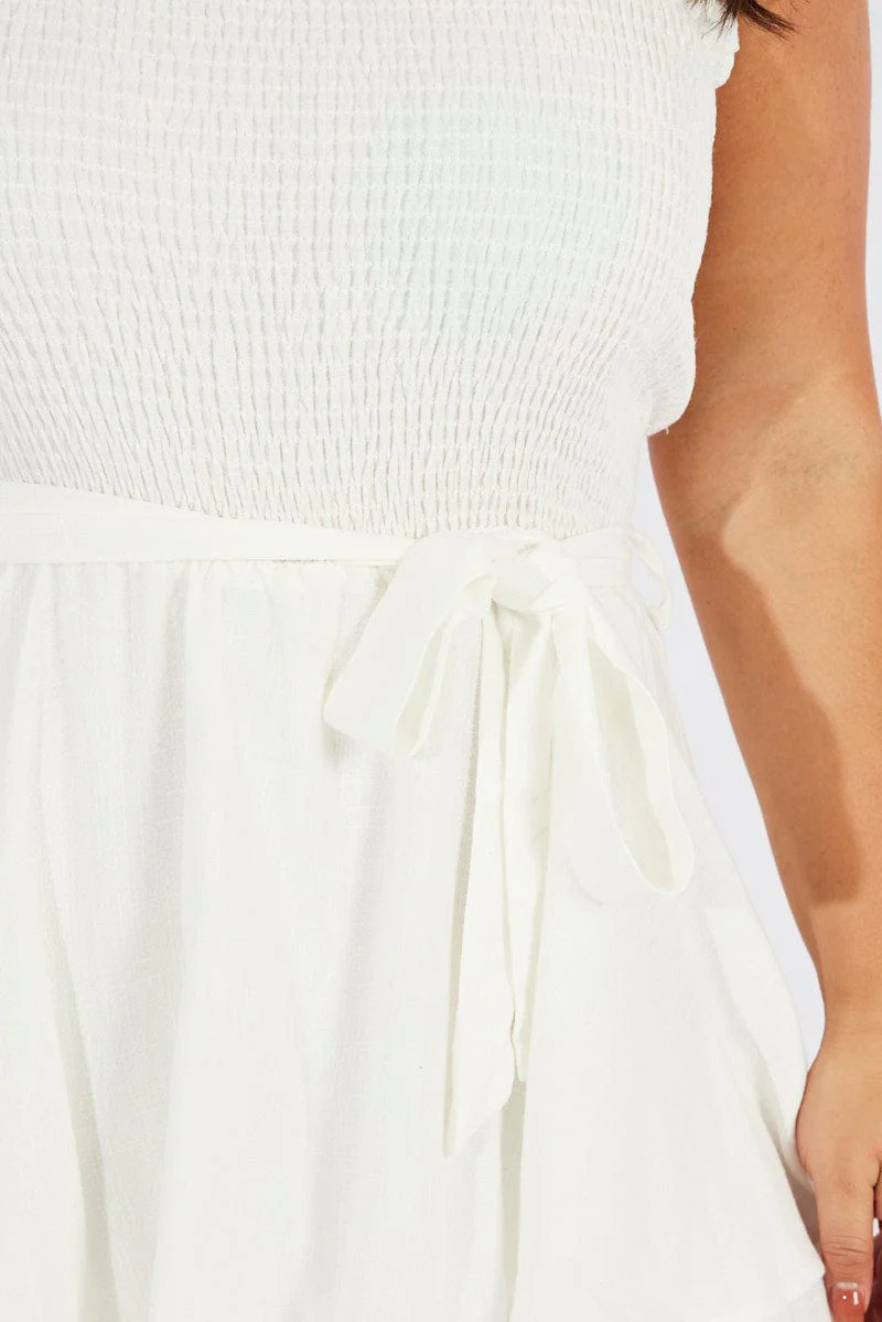 White Shirred Bodice Playsuit Frill Shorts Tie Waist - Image 6