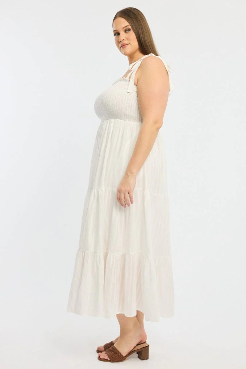 White Shirred Midi Dress Sleeveless Textured - Image 4