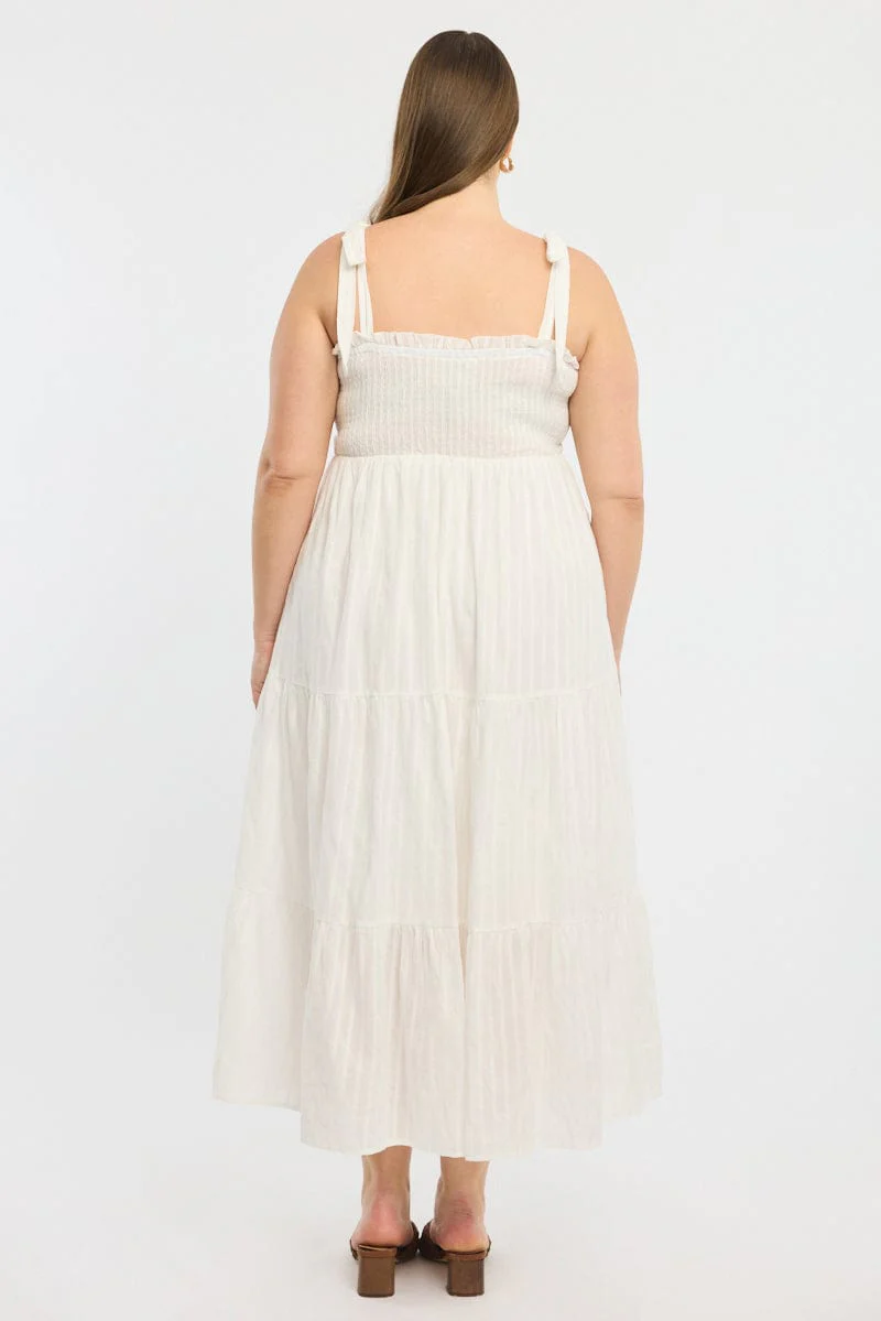 White Shirred Midi Dress Sleeveless Textured - Image 5